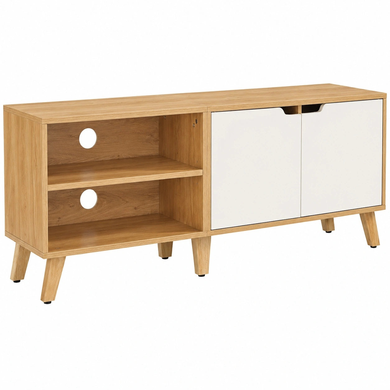 meuble-tv-2-portes-avec-etageres-reglables-longueur-140-cm-pour-televisions-jusqu-a-60-pouces-chene-naturel-et-blanc-creme-ggkdm11393ct